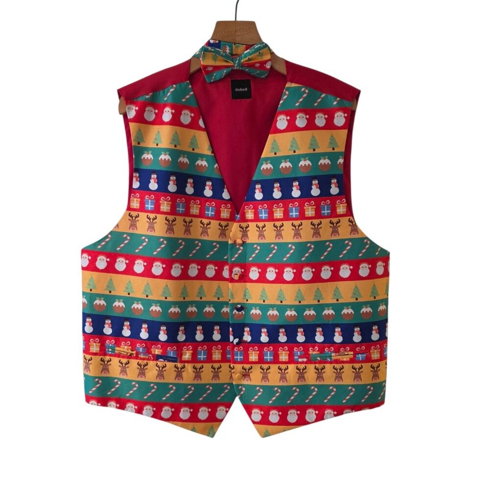 Dobell Christmas Waistcoat Vest & Bowtie Wrapping Paper Pattern Mens XL NEW‎